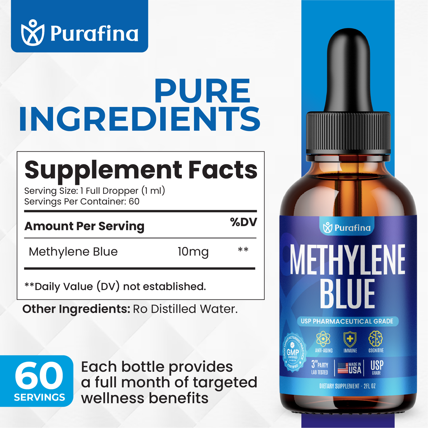 Methylene Blue Pharmaceutical Grade - Lab Tested 99.99% - Increased Absorption, Blue Methylene Supplement - No Formaldehyde - Made in USA